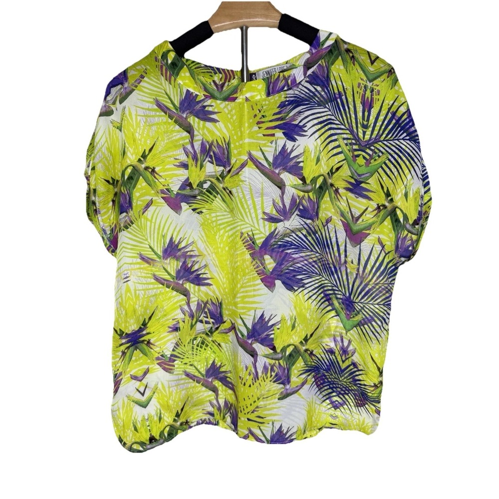 Jennifer Lopez Top Women's M Tropical Floral Green Purple Casual Colorful Garden